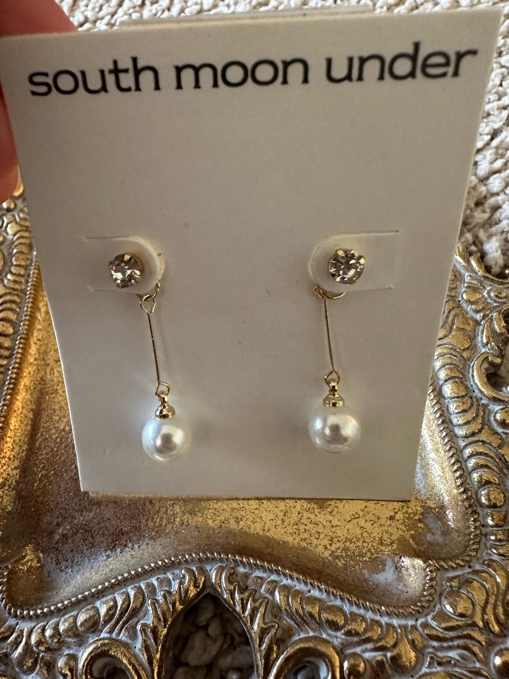 South Moon Under Gold Tone Crystal & Pearl Drop Earrings